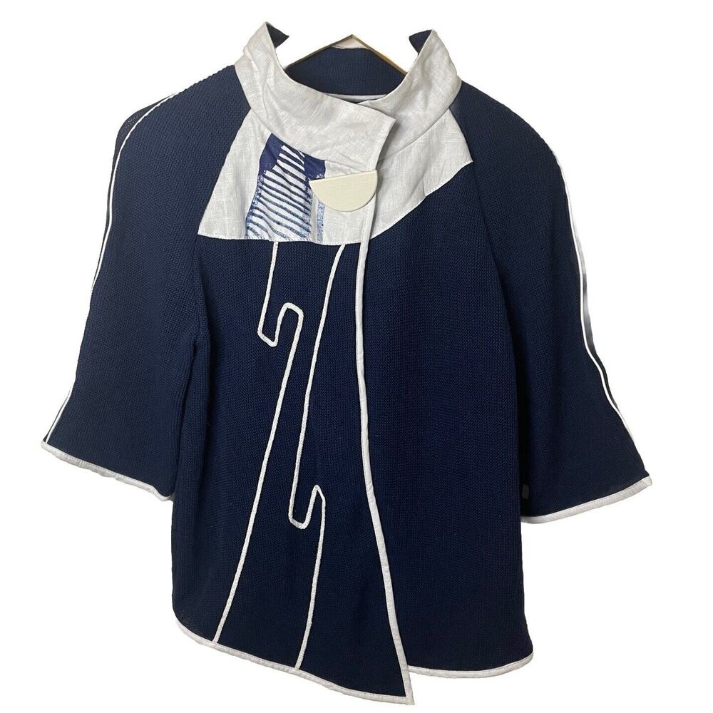 JASKAR Knit Cardigan Sweater Navy White Hand Painted Wearable Art Women S/M/L
